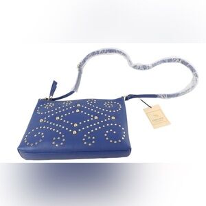 Emma Fox Blue Leather Crossbody Bag with Gold Studs